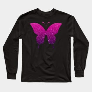 Magenta and Purple Ombre Faux Glitter Butterfly Long Sleeve T-Shirt